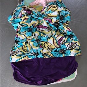 Tankini floral top vibrant purple bottom.